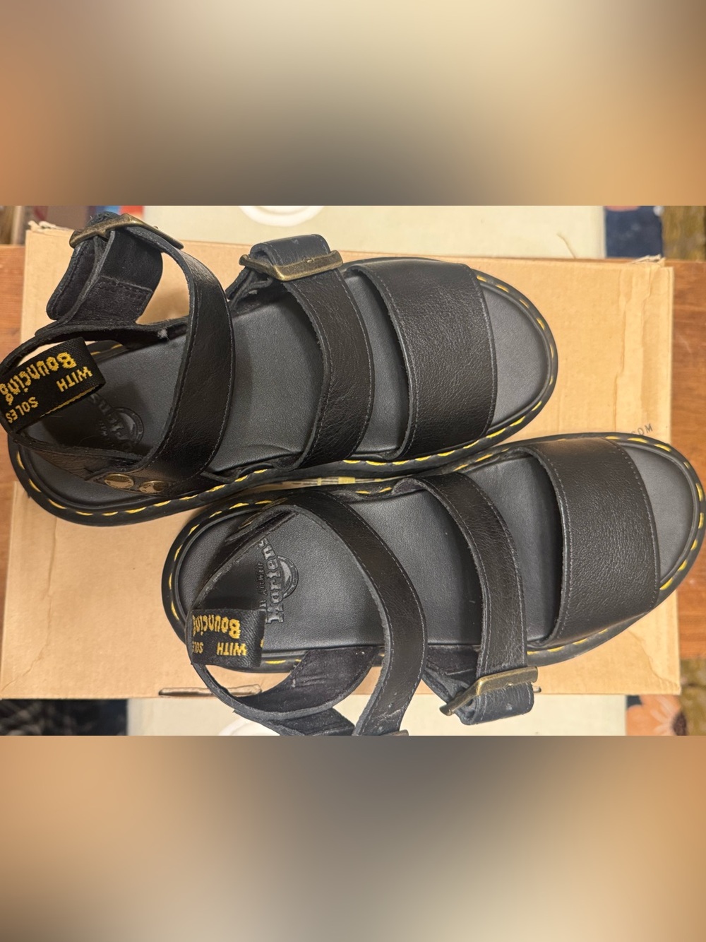 Dr. Martens Black Leather Kids Strappy Sandals with Yellow Stitching